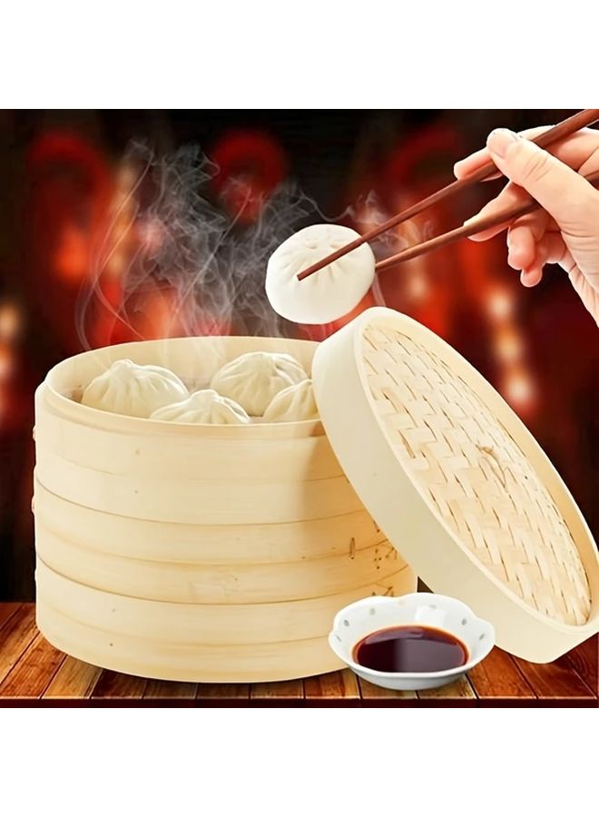 Large 10 Inch Bamboo Steamer Basket 2 Tier For Dumplings Dim Sum Vegetables Meat - Image 1